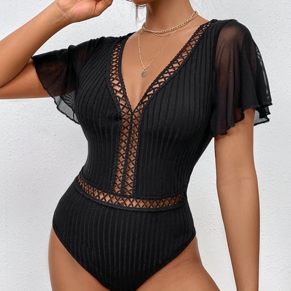 Boho Ribbed Butterfly Sheer Sleeve Bodysuit - Picture 3 of 4